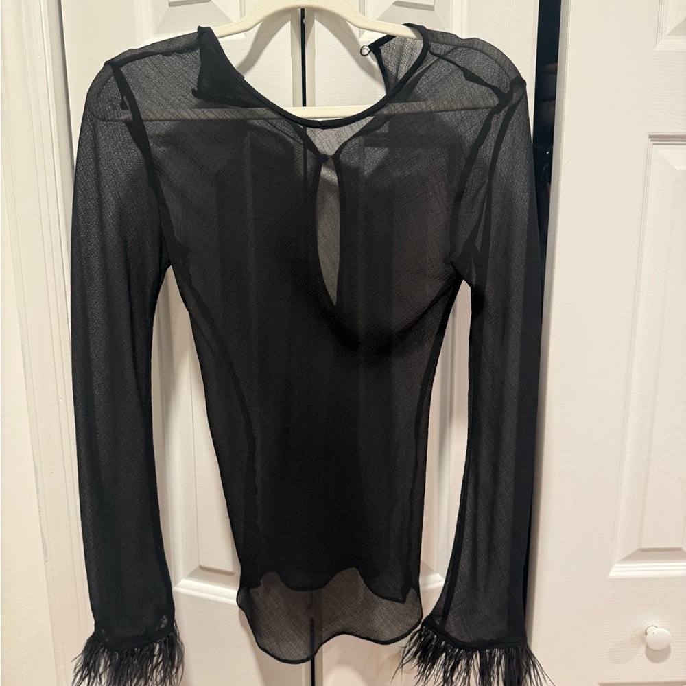 Mango Black Sheer Blouse with Feather Details